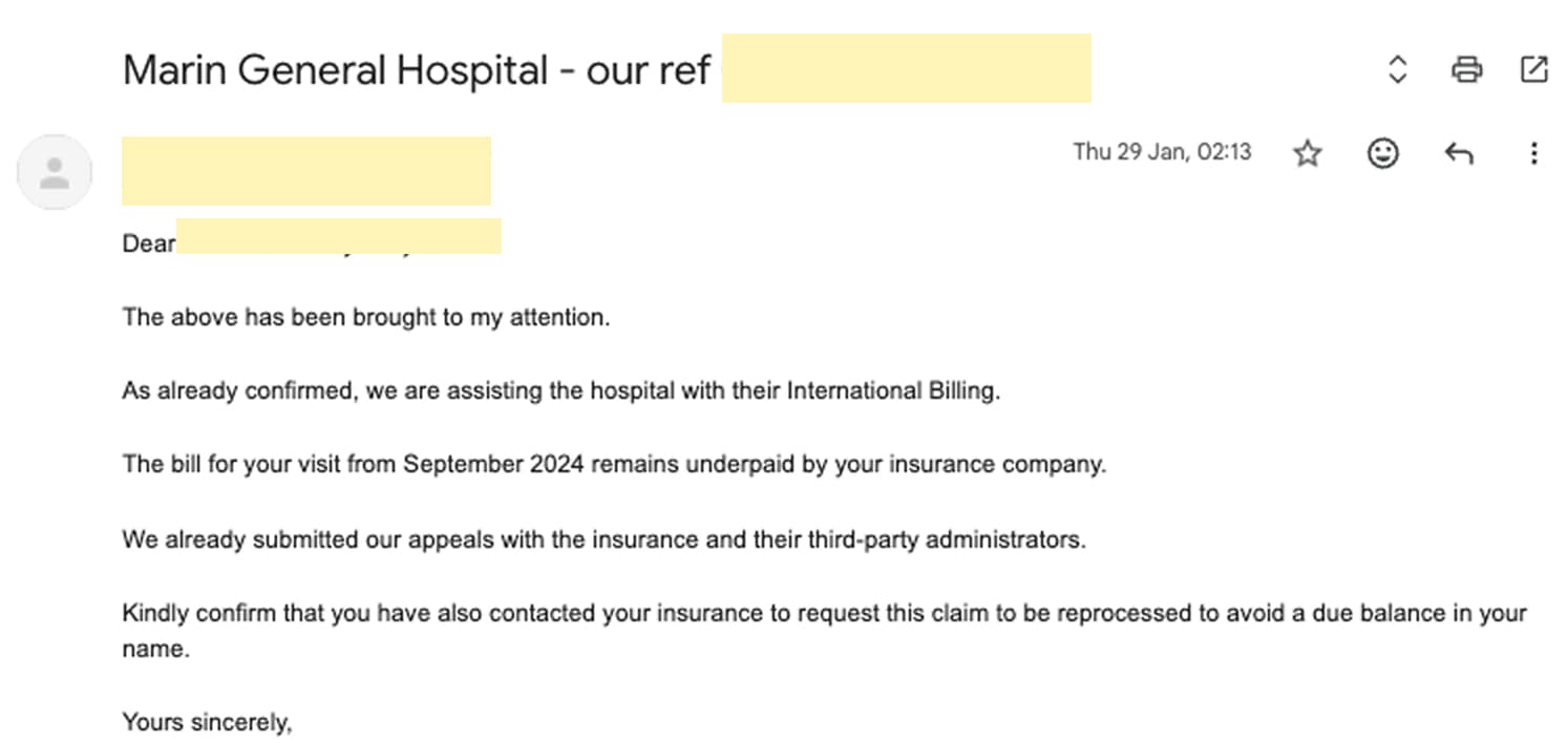 Hospital billing email: the bill remains underpaid by your insurance company