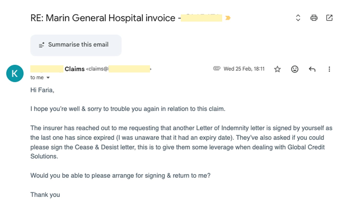 Claims email asking for another signed Letter of Indemnity and a Cease and Desist letter